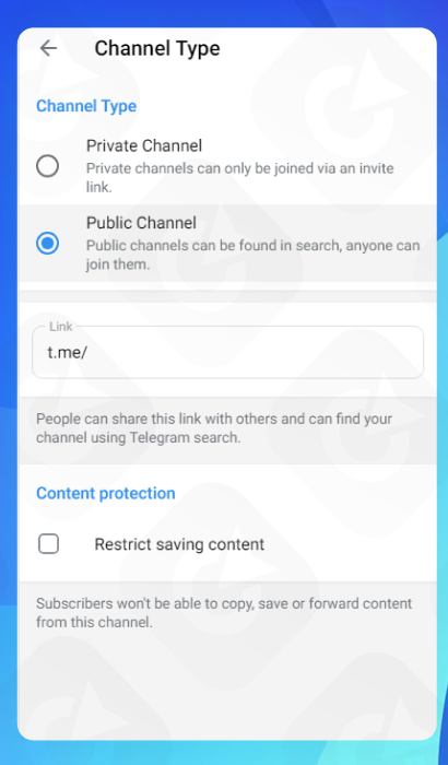 How to choose the type of channel and create a link for it